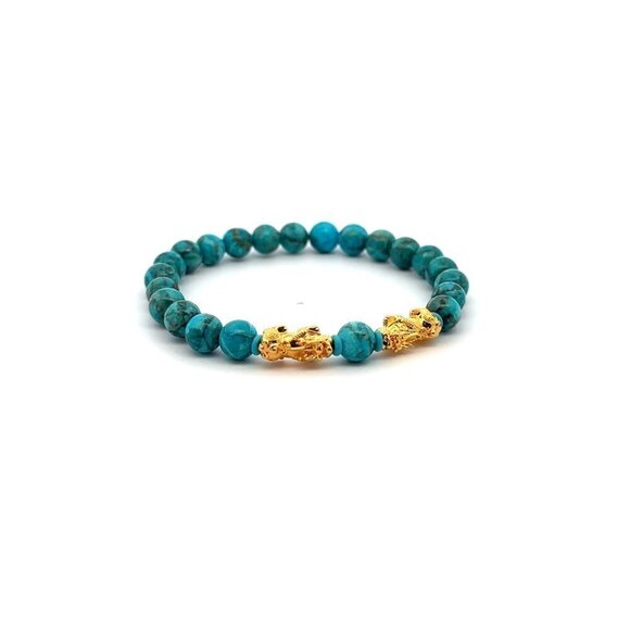 18K Gold Pixiu Double Piyao Bracelet Gemstones December Turquoise Birthstone 6mm - Picture 6 of 6